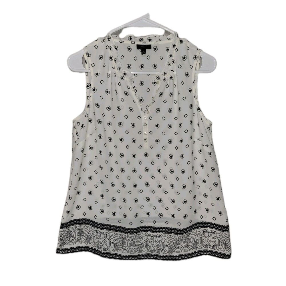 Talbots Sleeveless Ruffle Neck Blouse Cream Black Geo Print Petite Small Career
